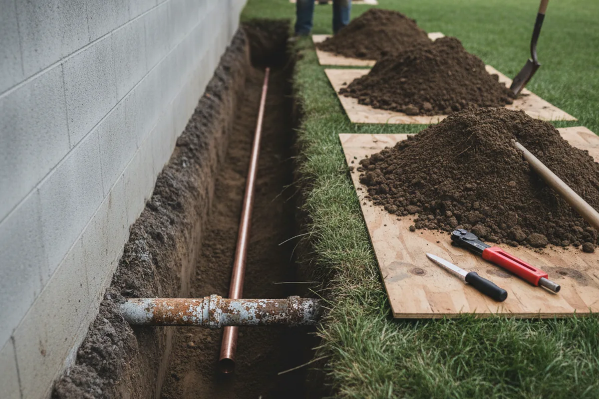 Excavated water line trench during Water Softener Installation in Laramie